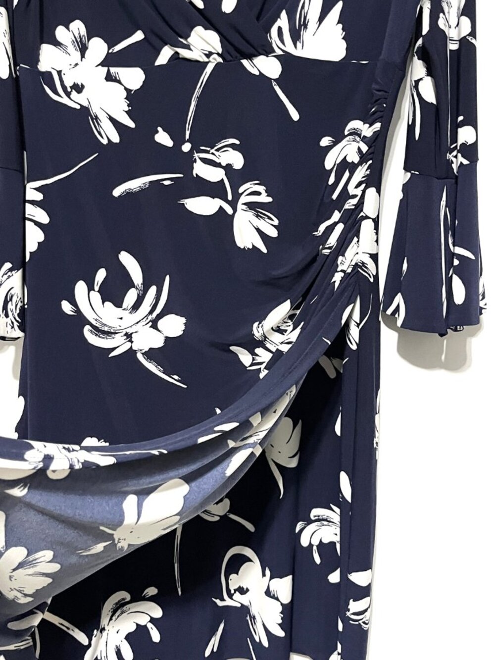LRL Ralph Lauren Womens Flare Sleeve Wrap Dress 14 Navy Blue Floral Liquid Knit - Picture 5 of 5